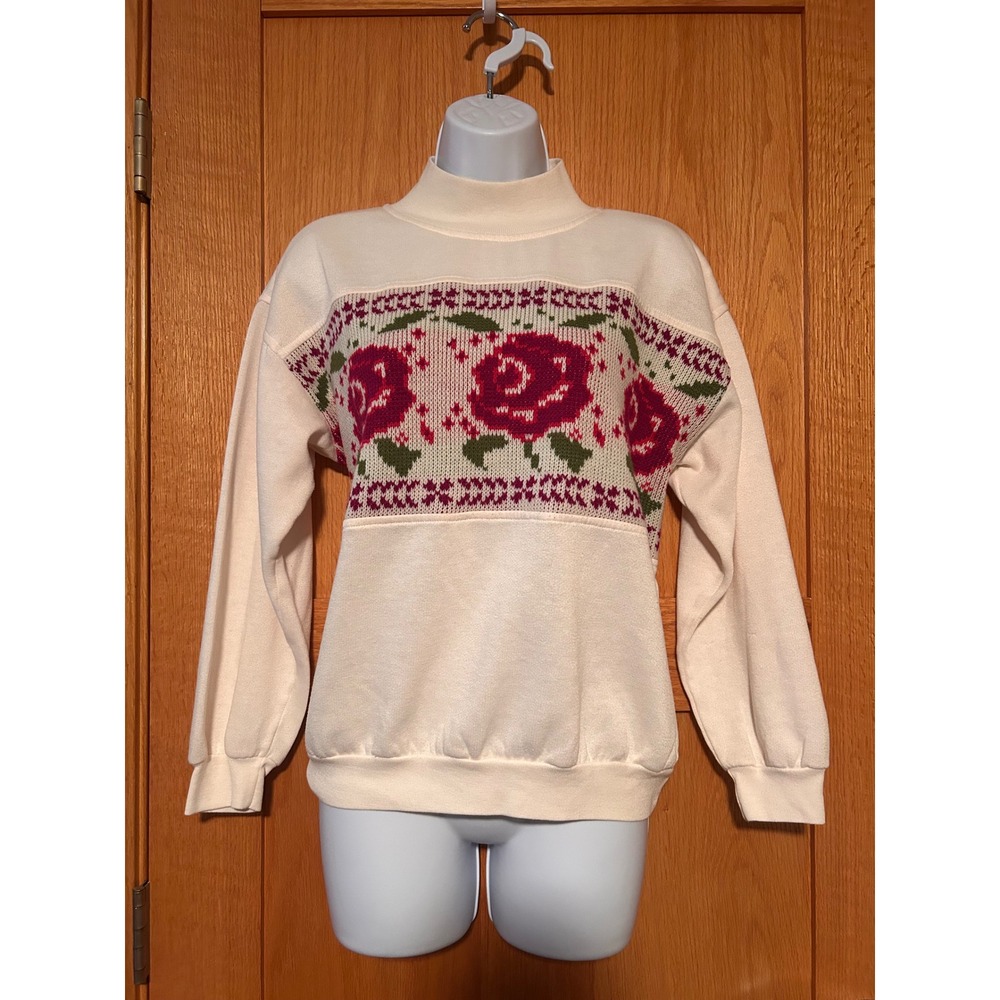 Vintage 80s Justin Allen Cream Rose Floral Knit Panel Mock Neck Sweatshirt Sz M